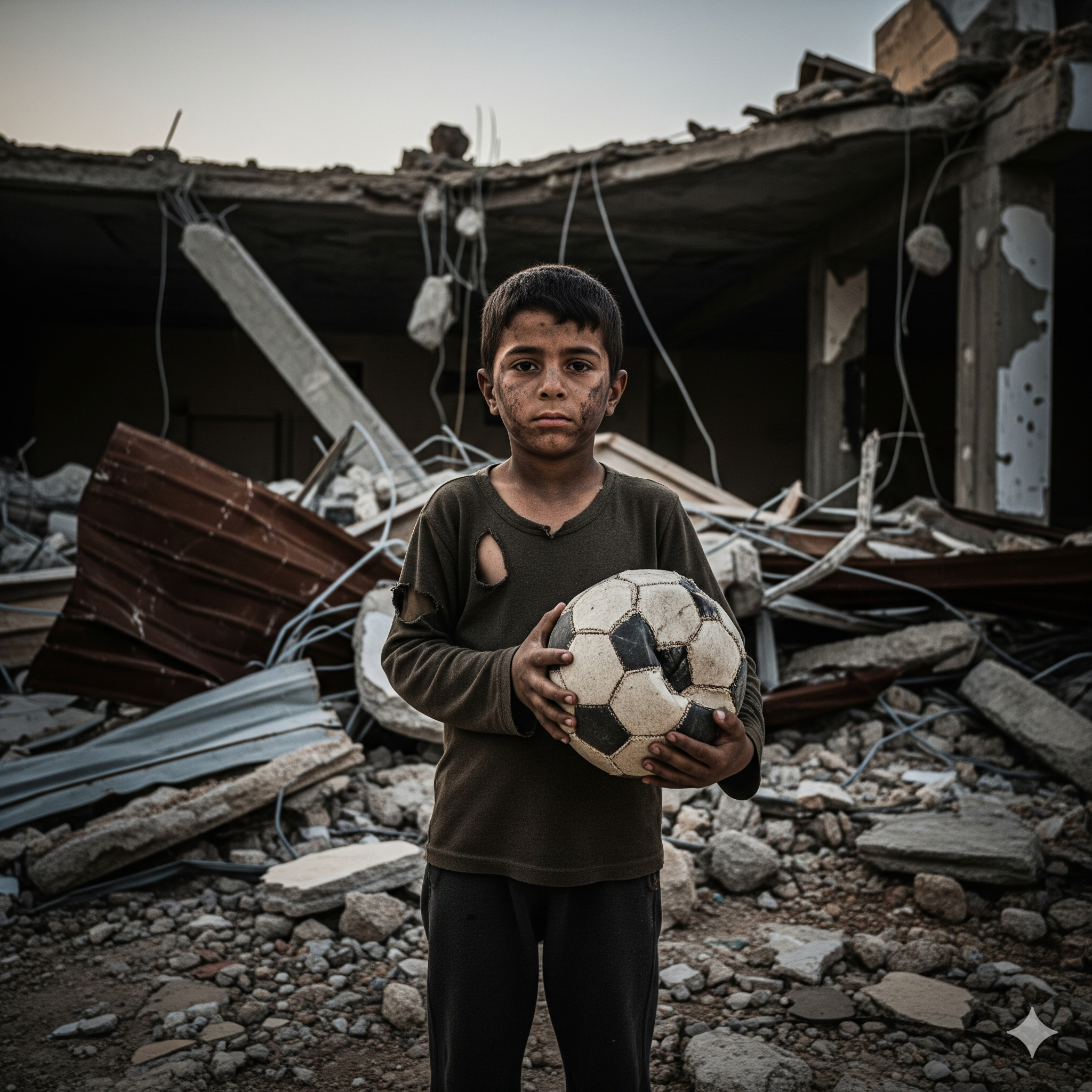 Young boy holding a ball amid rubble